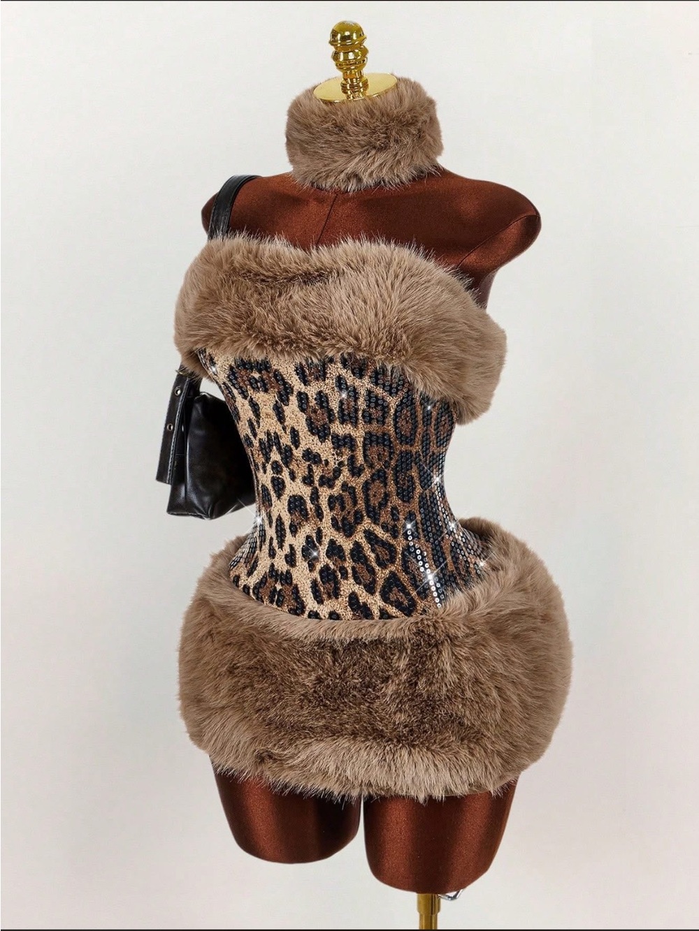 Leopard Faux Fur Trim mini Dress - Brown Leopard